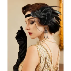 1920s Flapper Headband Feather Accessories Set for Women 4 PCS Roaring 20s Great Gatsby Faux Pearl Necklace Gloves Earrings Masquerade Halloween Carnival