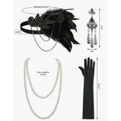 1920s Flapper Headband Feather Accessories Set for Women 4 PCS Roaring 20s Great Gatsby Faux Pearl Necklace Gloves Earrings Masquerade Halloween Carnival
