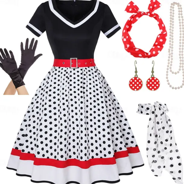 1950s Grease Outfits Vintage Inspired Flare Dress Women's Costume Vintage Cosplay Date Party & Evening Festival Silk Scarf