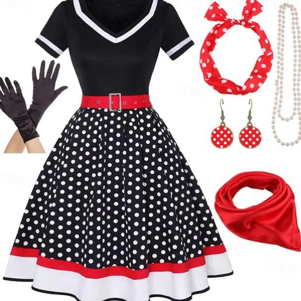 1950s Grease Outfits Vintage Inspired Flare Dress Women's Costume Vintage Cosplay Date Party & Evening Festival Silk Scarf