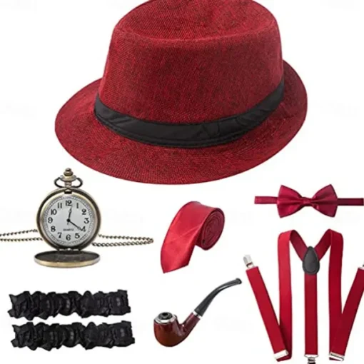 1920s Men's Costume Accessories Set Gangster Manhattan Hat Pre Tied Bow Tie Pocket Watch Y-Back Suspender Armband Garte For Theme Party 7 Pcs