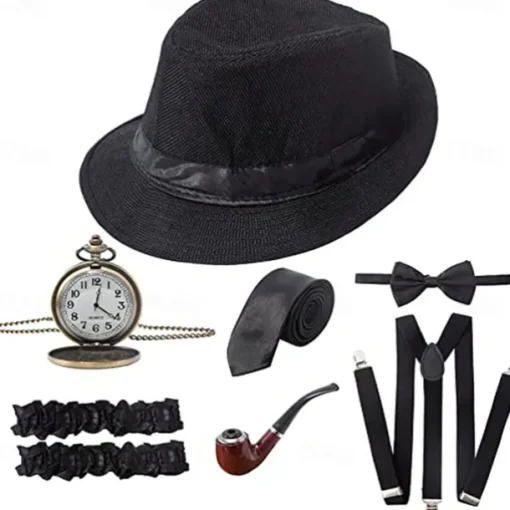 1920s Men's Costume Accessories Set Gangster Manhattan Hat Pre Tied Bow Tie Pocket Watch Y-Back Suspender Armband Garte For Theme Party 7 Pcs