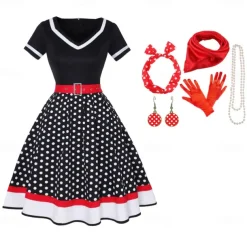 50s Outfit Flare Dress Belt 7 Pcs 1950s Accessories Set Retro Vintage Swing Dress Women's Cosplay Costume Party Date Festival