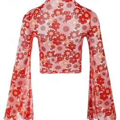 1970s Outfits for Women Bell Sleeve Tops Disco Outfit Floral Mock Neck Mesh Top