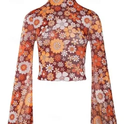 1970s Outfits for Women Bell Sleeve Tops Disco Outfit Floral Mock Neck Mesh Top