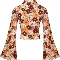 1970s Outfits for Women Bell Sleeve Tops Disco Outfit Floral Mock Neck Mesh Top