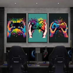 80s 90s Wall Art Colorful Neon Gamer Controller Canvas Poster Fantasy Earphones Esports Gaming Wall Art Painting For Kawaii Room Decor