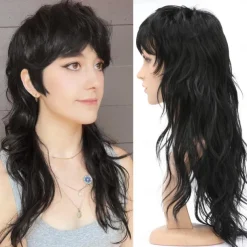 80s 90s Mullet Wigs Pixie Cut Wigs with Bangs for Black Women, Wolf Wig Wavy Long Synthetic Split Wigs with Fringe Mullet Wig for Women Long Cosplay wig Halloween Wigs