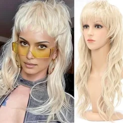 80s 90s Mullet Wigs Pixie Cut Wigs with Bangs for Black Women, Wolf Wig Wavy Long Synthetic Split Wigs with Fringe Mullet Wig for Women Long Cosplay wig Halloween Wigs