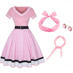 1950s Vintage Inspired Grease Outfits Flare Dress Fancy Dress Women's Date Party & Evening Bachelorette Party Silk Scarf Dress Earrings All Seasons