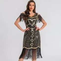 1920s Vintage Inspired Short Length Flapper Dress Party Costume The Great Gatsby Wedding Guest Sequins Sequin Tassel V Neck Fancy Dress Women's Christmas Halloween New Year Casual Daily Party
