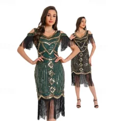 1920s Vintage Inspired Short Length Flapper Dress Party Costume The Great Gatsby Wedding Guest Sequins Sequin Tassel V Neck Fancy Dress Women's Christmas Halloween New Year Casual Daily Party