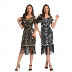 1920s Vintage Inspired Short Length Flapper Dress Party Costume The Great Gatsby Wedding Guest Sequins Sequin Tassel V Neck Fancy Dress Women's Christmas Halloween New Year Casual Daily Party