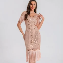 1920s Vintage Inspired Short Length Flapper Dress Party Costume The Great Gatsby Wedding Guest Sequins Sequin Tassel V Neck Fancy Dress Women's Christmas Halloween New Year Casual Daily Party