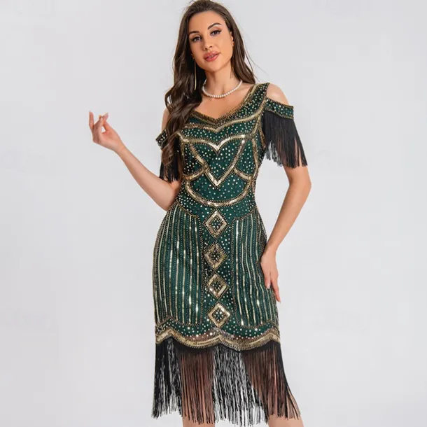 1920s Vintage Inspired Short Length Flapper Dress Party Costume The Great Gatsby Wedding Guest Sequins Sequin Tassel V Neck Fancy Dress Women's Christmas Halloween New Year Casual Daily Party