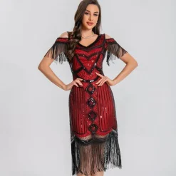 1920s Vintage Inspired Short Length Flapper Dress Party Costume The Great Gatsby Wedding Guest Sequins Sequin Tassel V Neck Fancy Dress Women's Christmas Halloween New Year Casual Daily Party