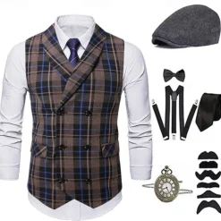 1920s Vintage Inspired The Great Gatsby Party Costume Accessories Set Sleeveless Double Breasted Plaid Turndown Fancy Dress Men's Halloween Party & Evening Casual Daily Adults' Vest Hat All Seasons