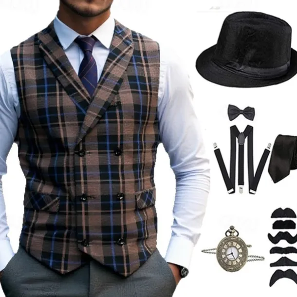 1920s Vintage Inspired The Great Gatsby Party Costume Accessories Set Sleeveless Double Breasted Plaid Turndown Fancy Dress Men's Halloween Party & Evening Casual Daily Adults' Vest Hat All Seasons