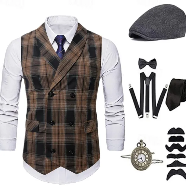 1920s Vintage Inspired The Great Gatsby Party Costume Accessories Set Sleeveless Double Breasted Plaid Turndown Fancy Dress Men's Halloween Party & Evening Casual Daily Adults' Vest Hat All Seasons