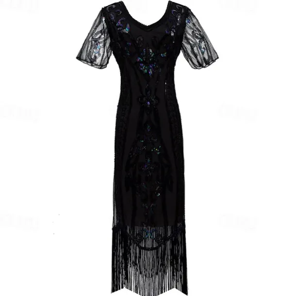 1920s Vintage Inspired The Great Gatsby Short Length Masquerade Illusion Sleeve The Great Gatsby Wedding Guest Sequins Sequin V Neck Fancy Dress Women's Carnival Masquerade Casual Daily Party