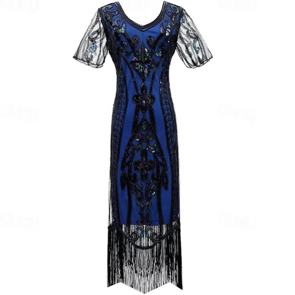 1920s Vintage Inspired The Great Gatsby Short Length Masquerade Illusion Sleeve The Great Gatsby Wedding Guest Sequins Sequin V Neck Fancy Dress Women's Carnival Masquerade Casual Daily Party