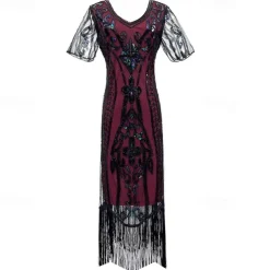 1920s Vintage Inspired The Great Gatsby Short Length Masquerade Illusion Sleeve The Great Gatsby Wedding Guest Sequins Sequin V Neck Fancy Dress Women's Carnival Masquerade Casual Daily Party