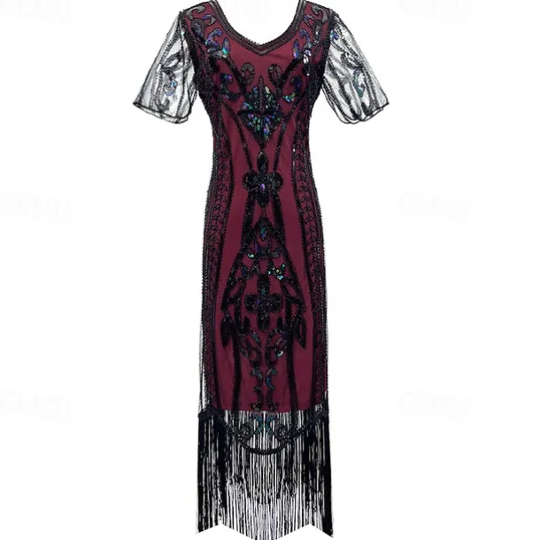 1920s Vintage Inspired The Great Gatsby Short Length Masquerade Illusion Sleeve The Great Gatsby Wedding Guest Sequins Sequin V Neck Fancy Dress Women's Carnival Masquerade Casual Daily Party