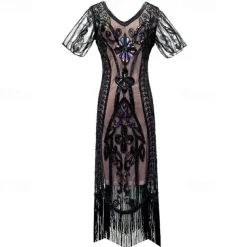 1920s Vintage Inspired The Great Gatsby Short Length Masquerade Illusion Sleeve The Great Gatsby Wedding Guest Sequins Sequin V Neck Fancy Dress Women's Carnival Masquerade Casual Daily Party
