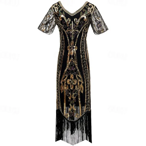 1920s Vintage Inspired The Great Gatsby Short Length Masquerade Illusion Sleeve The Great Gatsby Wedding Guest Sequins Sequin V Neck Fancy Dress Women's Carnival Masquerade Casual Daily Party