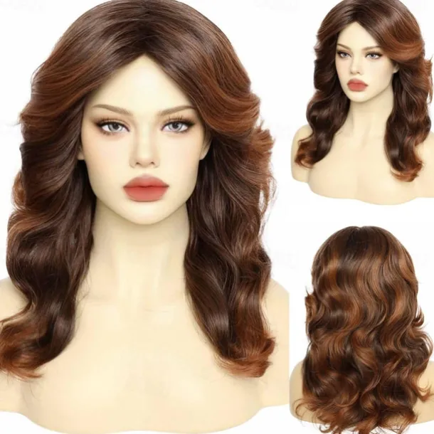 80s Vintage Wig For Women Wig Cap Brown 70s Disco Wig for Women 80s Feathered Wigs with Long Curly Hair Synthetic Hair Wig Ladys Wigs for Costume Carnival Cosplay Parties Halloween Wigs