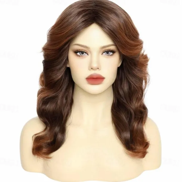 80s Vintage Wig For Women Wig Cap Brown 70s Disco Wig for Women 80s Feathered Wigs with Long Curly Hair Synthetic Hair Wig Ladys Wigs for Costume Carnival Cosplay Parties Halloween Wigs