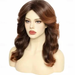 80s Vintage Wig For Women Wig Cap Brown 70s Disco Wig for Women 80s Feathered Wigs with Long Curly Hair Synthetic Hair Wig Ladys Wigs for Costume Carnival Cosplay Parties Halloween Wigs