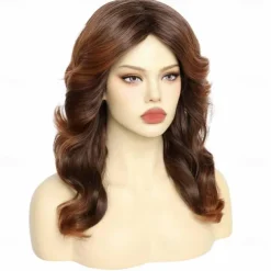 80s Vintage Wig For Women Wig Cap Brown 70s Disco Wig for Women 80s Feathered Wigs with Long Curly Hair Synthetic Hair Wig Ladys Wigs for Costume Carnival Cosplay Parties Halloween Wigs