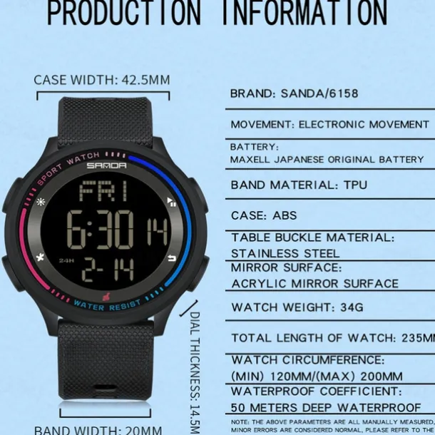 SANDA 6158 Men LED Digital Military Watch Man Sports Watches Outdoor 5Bar Waterproof Wristwatches Male Clock