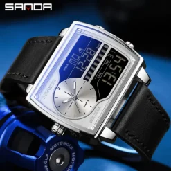SANDA Men Digital Watch Fashion Casual Wristwatch Shock Resistant Luminous Stopwatch Alarm Clock Countdown Steel Leather Watch