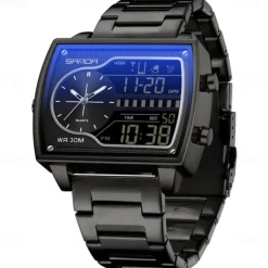 SANDA Men Digital Watch Fashion Casual Wristwatch Shock Resistant Luminous Stopwatch Alarm Clock Countdown Steel Leather Watch
