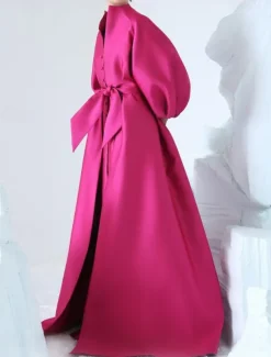 Satin A-Line Evening Gown Elegant Dress Formal Asymmetrical Long Sleeve Stand Collar Pocket with Bow(s) Pocket Dresses