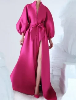 Satin A-Line Evening Gown Elegant Dress Formal Asymmetrical Long Sleeve Stand Collar Pocket with Bow(s) Pocket Dresses