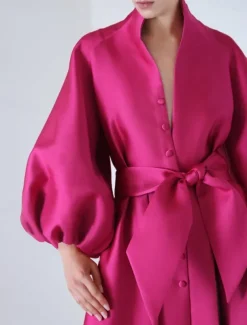Satin A-Line Evening Gown Elegant Dress Formal Asymmetrical Long Sleeve Stand Collar Pocket with Bow(s) Pocket Dresses