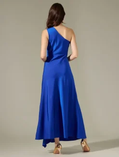 Satin Blue Sleeveless One Shoulder Ruffle Maxi Dress