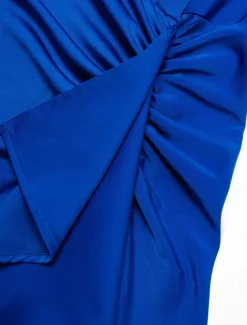 Satin Blue Sleeveless One Shoulder Ruffle Maxi Dress