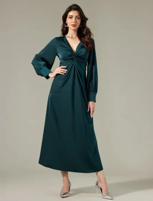 Satin Dark Green Twist Elegant Fashion Maxi Party Dress