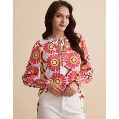 Satin Floral Print V Neck Shirt