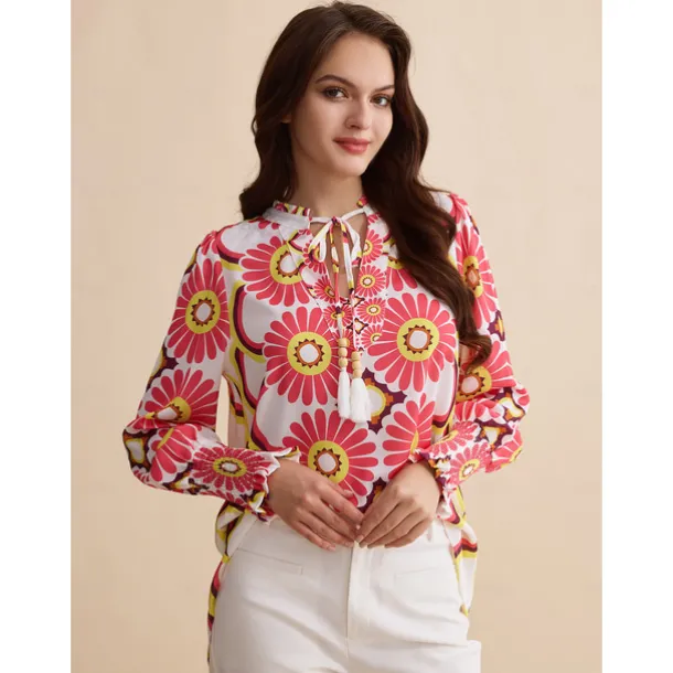 Satin Floral Print V Neck Shirt