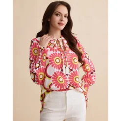 Satin Floral Print V Neck Shirt
