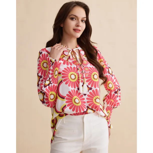 Satin Floral Print V Neck Shirt