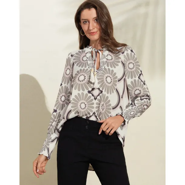 Satin Floral Print V Neck Shirt