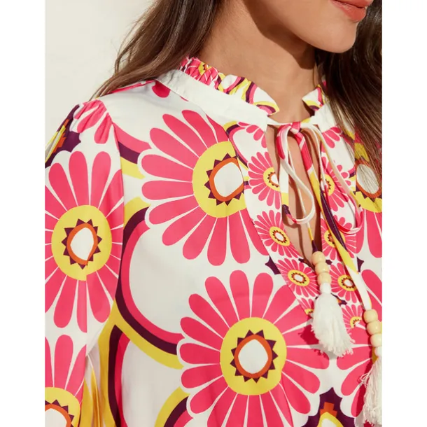 Satin Floral Print V Neck Shirt