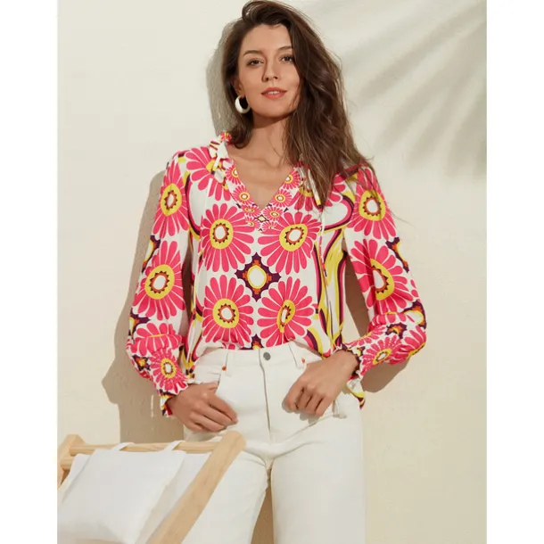 Satin Floral Print V Neck Shirt