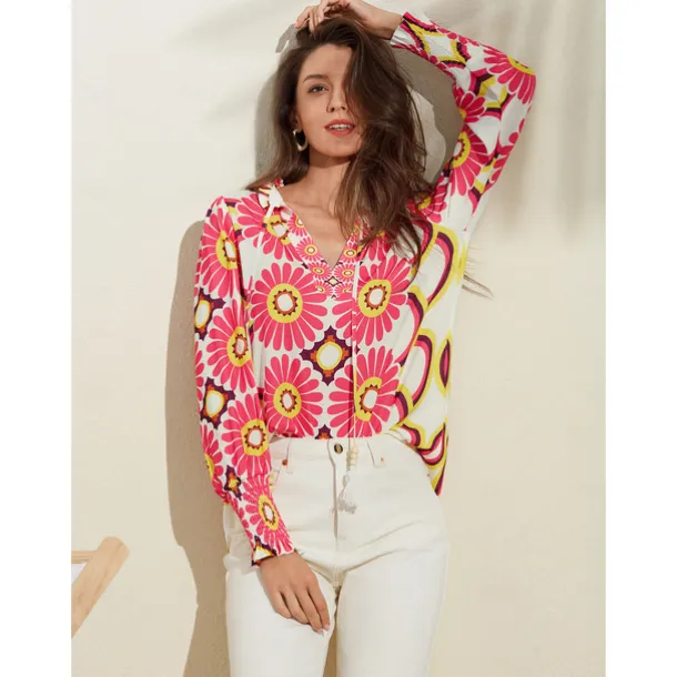 Satin Floral Print V Neck Shirt